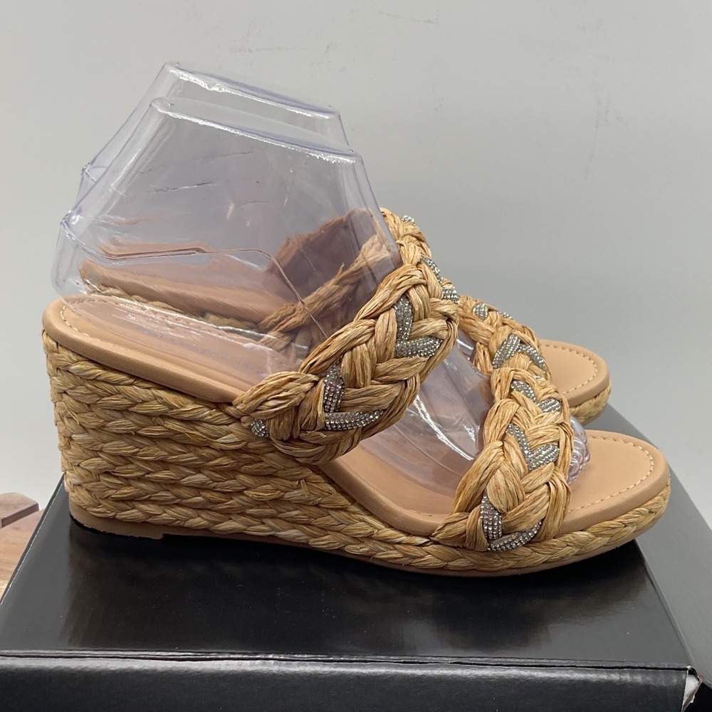 Stuart Weitzman Braided Raffia Crystal Wedge Sandals Natural Tan Women Size 8 - Picture 11 of 14